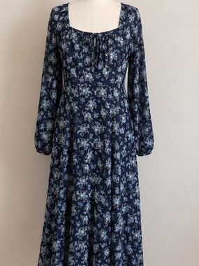 Square-Neck Navy Floral Maxi Dress with Long Sleeves